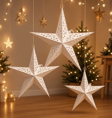 White Hanging Paper Star Decorations - 4 Sizes