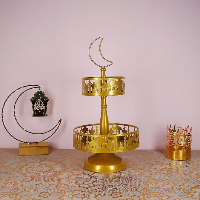 2-Tier Gold Metal Mosque Cake Stand for Eid/Ramadan