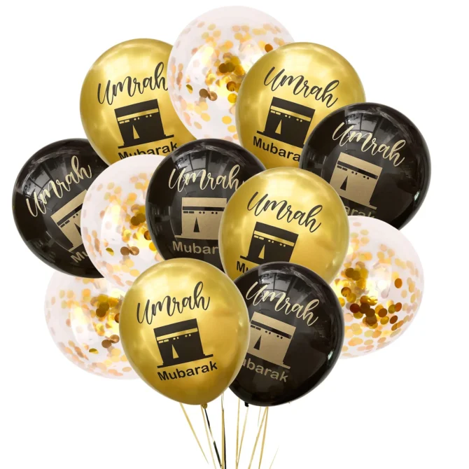 Black Gold Umrah Mubarak Latex Balloons