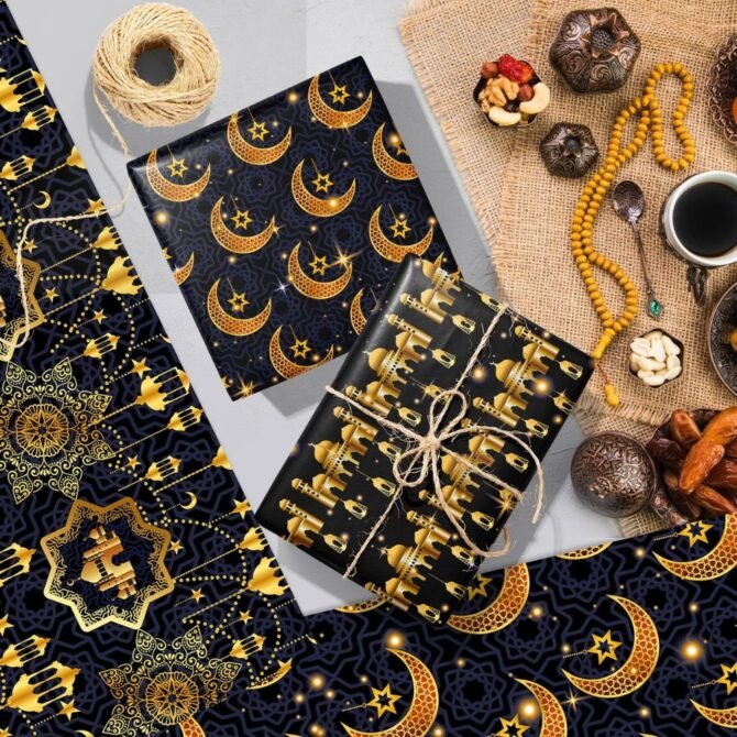 Ramdan Eid Gift Wrapping Paper - Black & Gold - Image 3