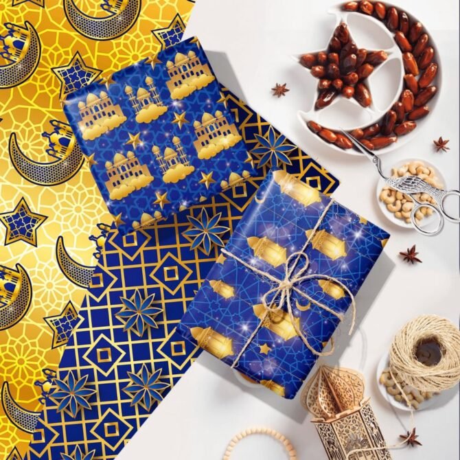 Ramadan Eid Gift Wrapping Paper - Blue & Gold - Image 2