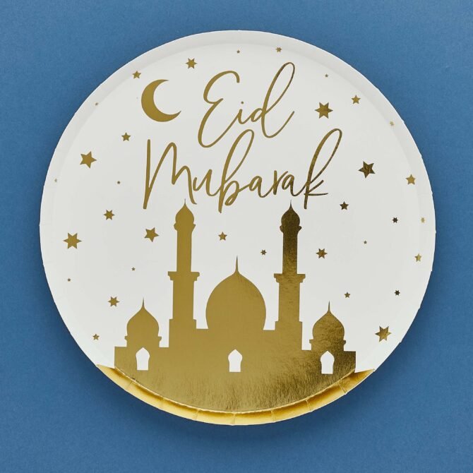 White and Gold Eid Mubarak Plates - Pack of 8