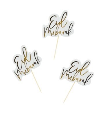Gold & White Eid Mubarak Cupcake Toppers - Pack of 12