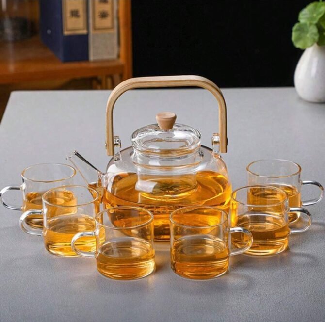 Transparent Glass Tea Pot with 6 Cups