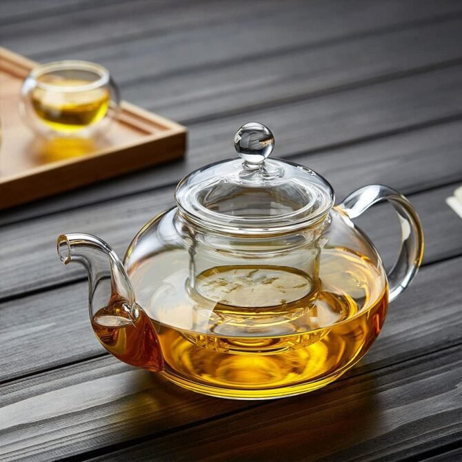 Transparent Glass Tea Pot with 6 Cups, Base and Tray - Image 3