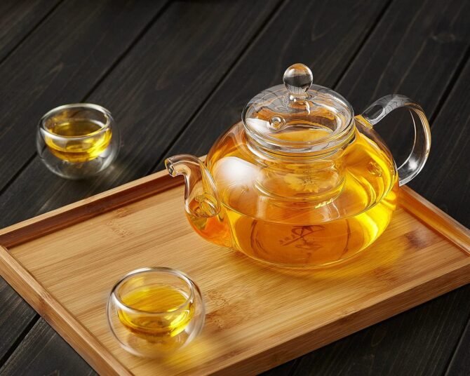 Transparent Glass Tea Pot with 6 Cups, Base and Tray