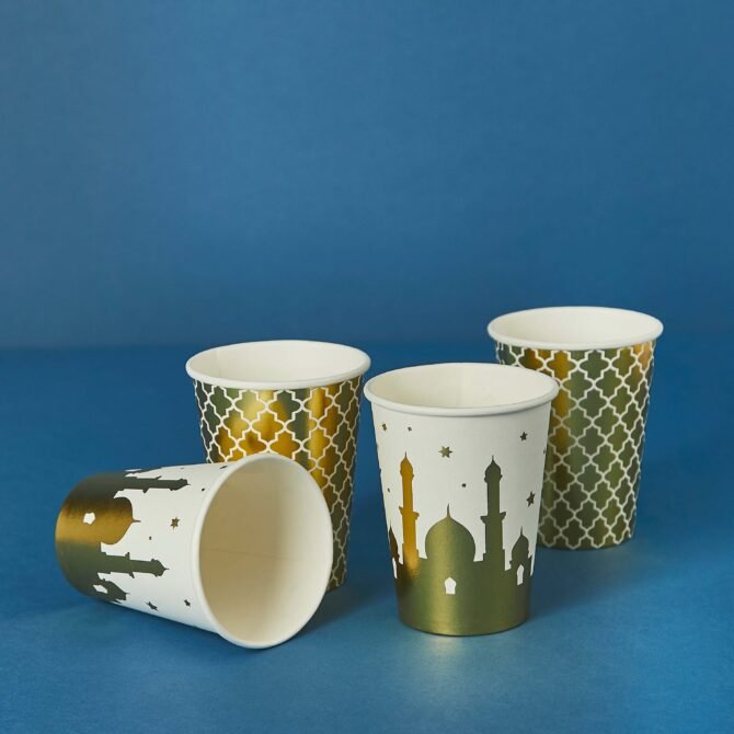 White and Gold Ramadan Eid Cups - Pack of 8