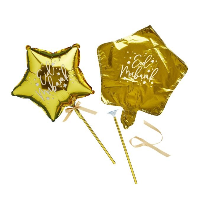 Eid Mubarak Mini Foil Balloons with Wands - Pack of 5 - Image 2