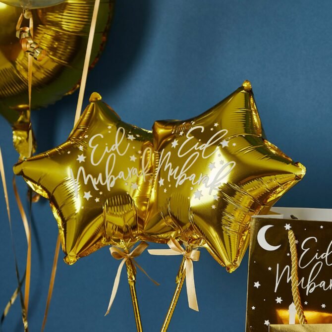 Eid Mubarak Mini Foil Balloons with Wands - Pack of 5