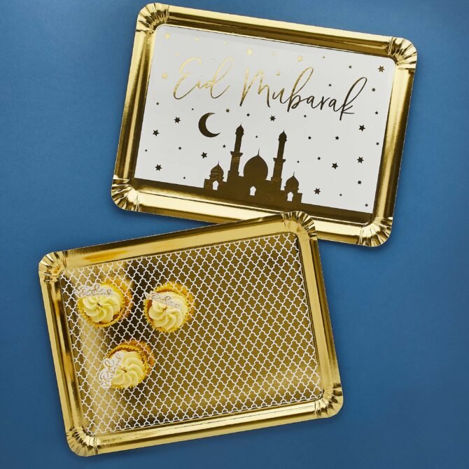 White and Gold Eid Mubarak Trays - Pack of 2