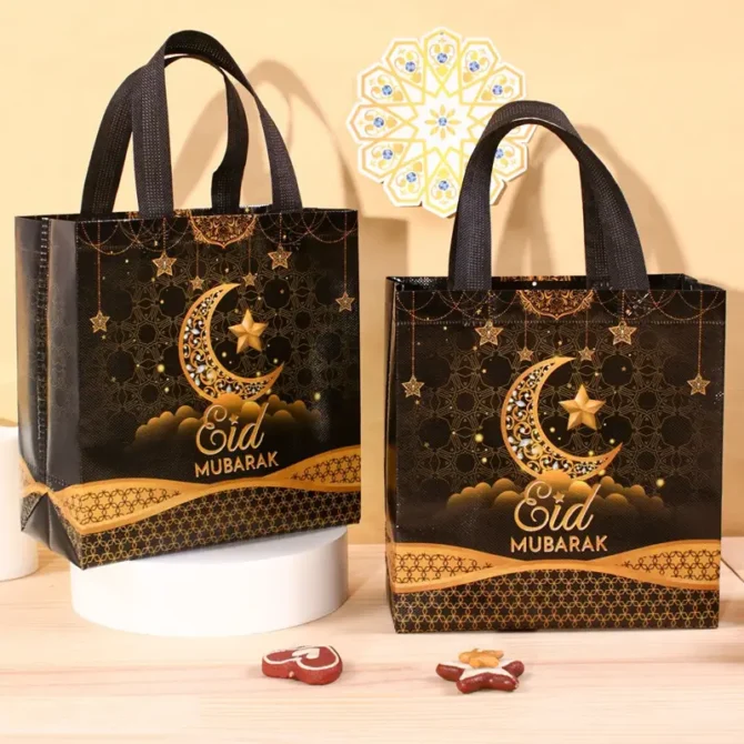 Nonwoven Black and Gold Eid Mubarak Gift Bags - Pack of 4 - Image 2