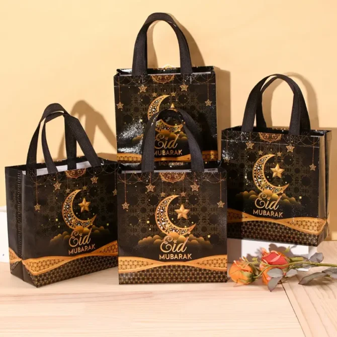 Nonwoven Black and Gold Eid Mubarak Gift Bags - Pack of 4
