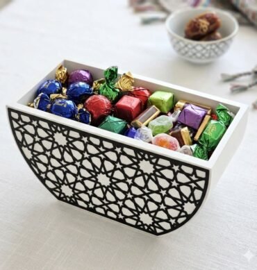 White Wooden Bowl with Arabic Pattern