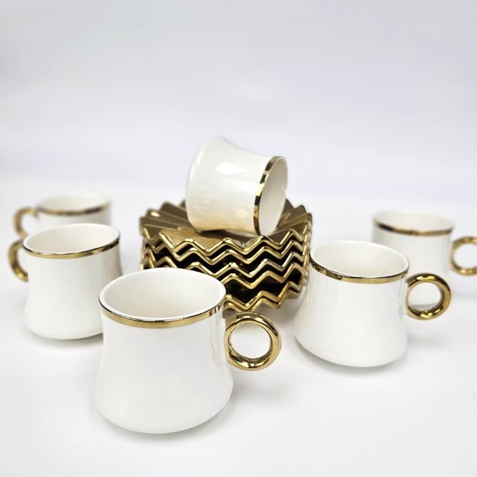 White and Gold Set of 6 Coffee Cups and Saucers - Image 2