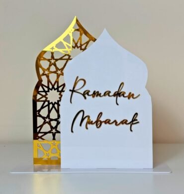 2-in-1 Ramadan Mubarak & Eid Mubarak Acrylic Sign - White and Gold