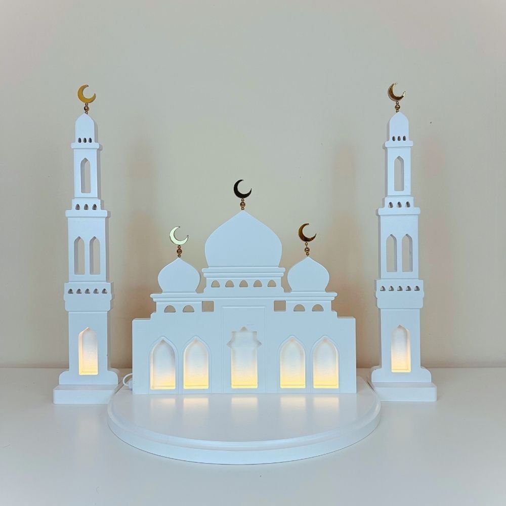 White Tall Wooden Mosque with LED