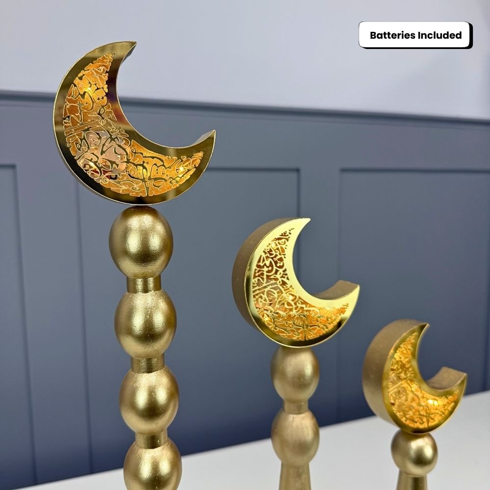 Wooden Gold Minaret with Moon Crescent and LED- Set of 3 - Image 3