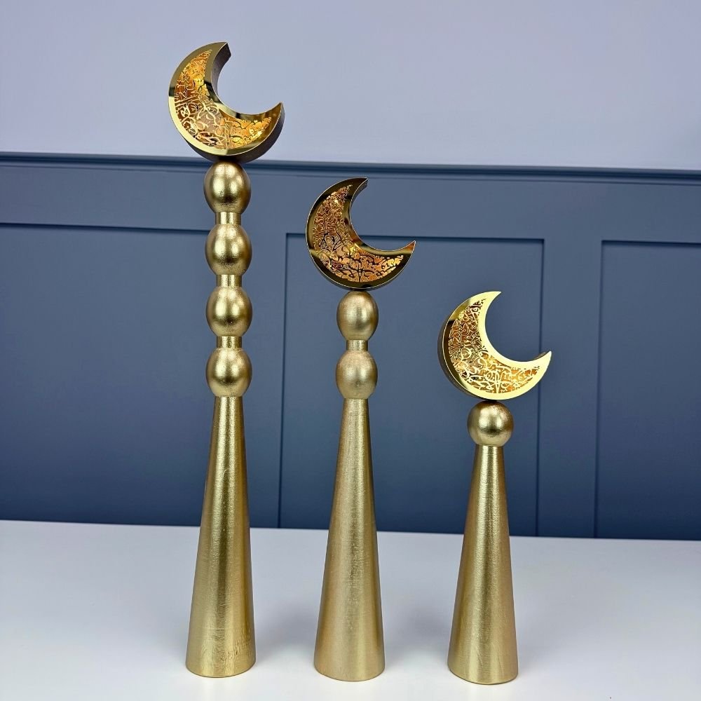Wooden Gold Minaret with Moon Crescent and LED- Set of 3