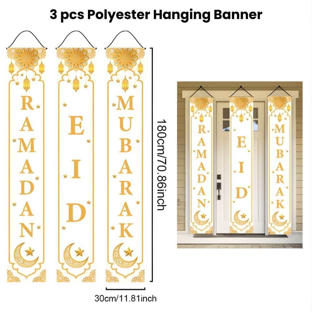 White and Gold 2-in-1 Ramadan Eid Mubarak Banner Set - Image 2