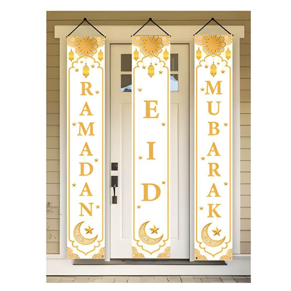White and Gold 2-in-1 Ramadan Eid Mubarak Banner Set