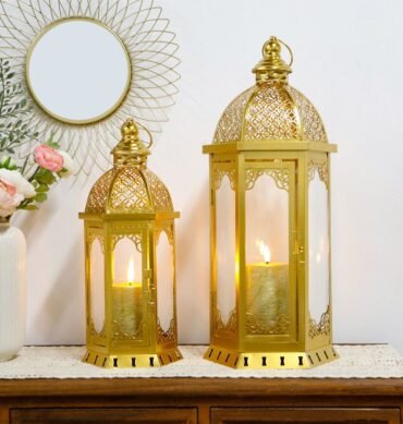 Set Of 2 Gold Moroccan Decorative Candle Lantern