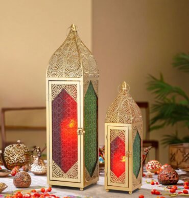 Set of 2 Gold Moroccan Styled Lantern with Colourful Glass