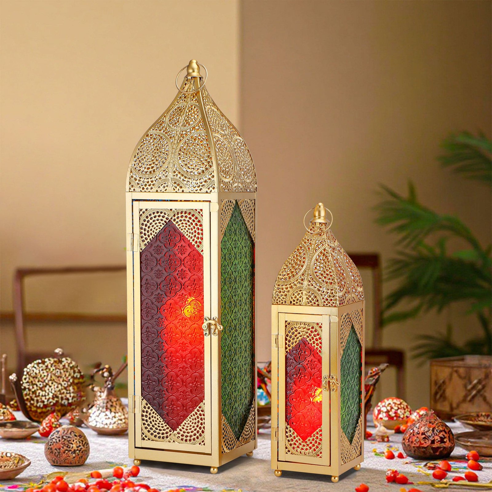 Set of 2 Gold Moroccan Styled Lantern with Colourful Glass
