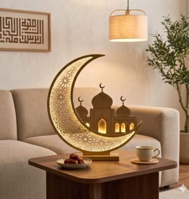 Gold Wooden LED Moon Crescent with Mosque