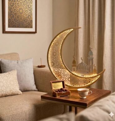 Gold Wooden LED Moon Crescent with Mosque