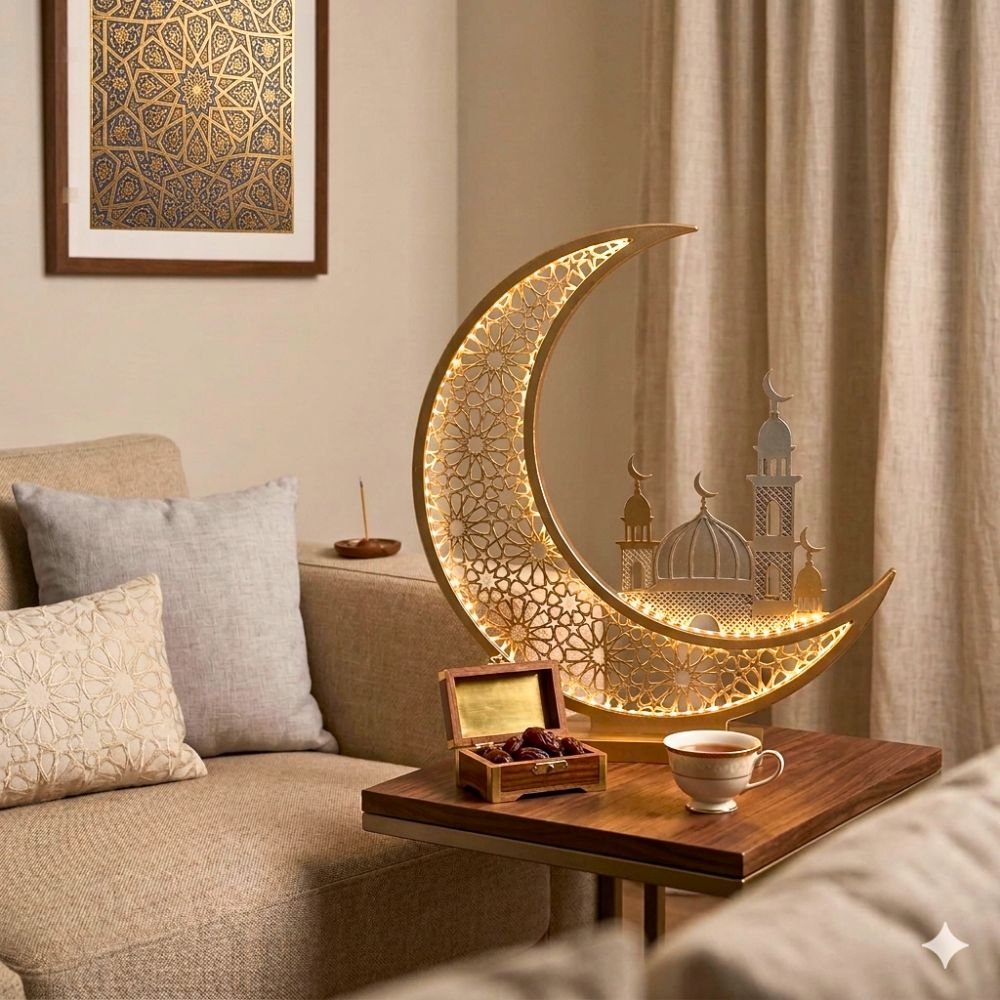 Gold Wooden LED Moon Crescent with Mosque