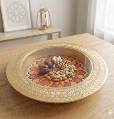 Round Gold Wooden Tray with Acrylic Lid - Multicolour