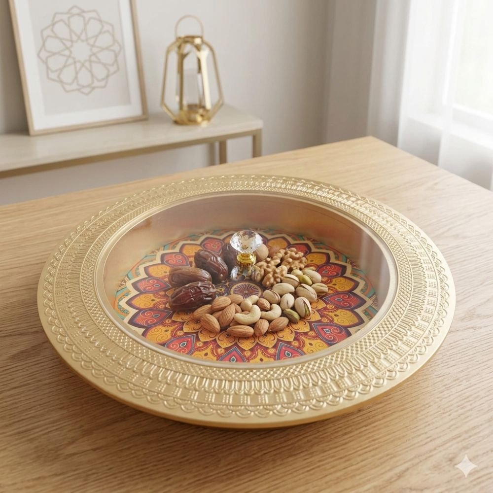 Round Gold Wooden Tray with Acrylic Lid - Multicolour
