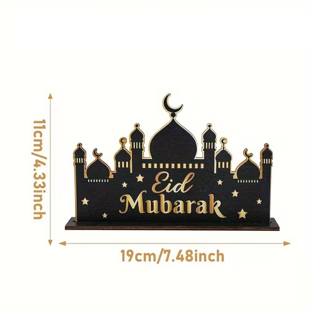 Wooden Mosque Shaped Eid Mubarak Table Décor - Black & Gold - Image 2