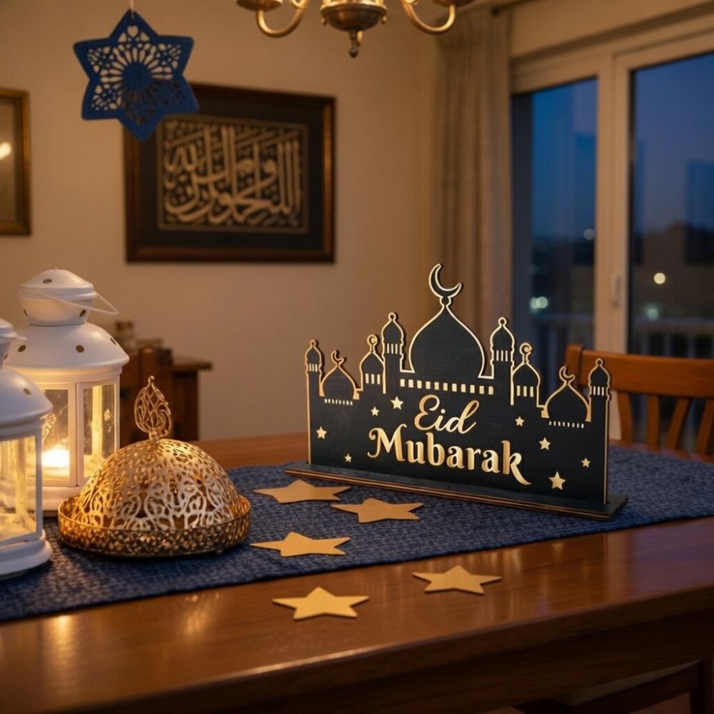 Wooden Mosque Shaped Eid Mubarak Table Décor - Black & Gold