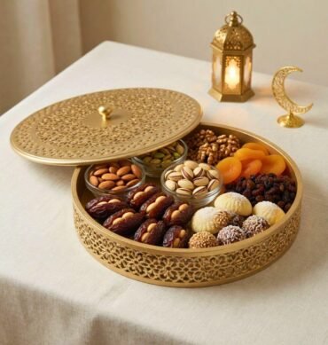 2 Toned Gold Round Wooden Tray with Lid For Ramadan Eid